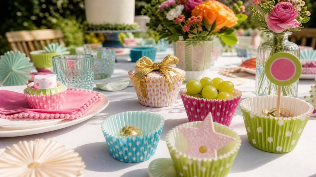 Mesa de festa com forminhas de papel reaproveitadas criativamente