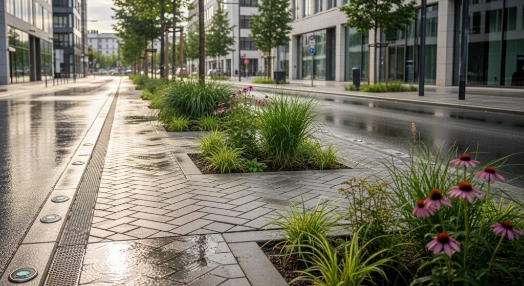 Rua urbana com pavimento permeável e jardins de chuva para drenagem sustentável