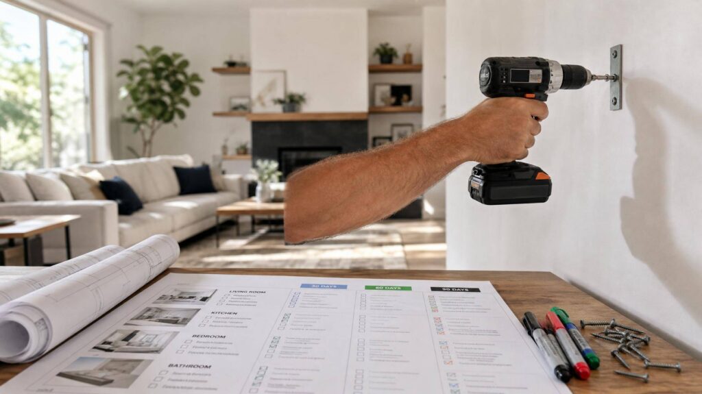Furadeira e checklist em projeto de reforma doméstica