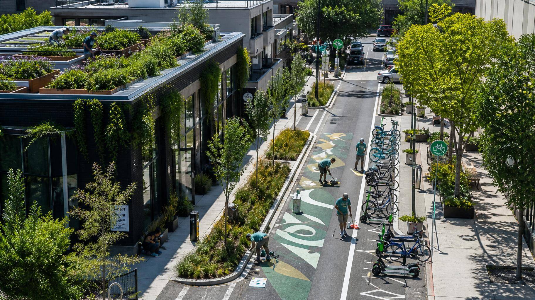 Intervenções urbanas táticas com telhados verdes e micromobilidade