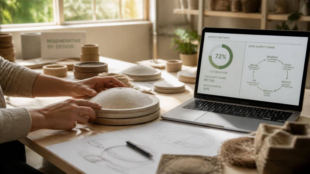 Designer montando protótipo sustentável sobre mesa iluminada por luz natural