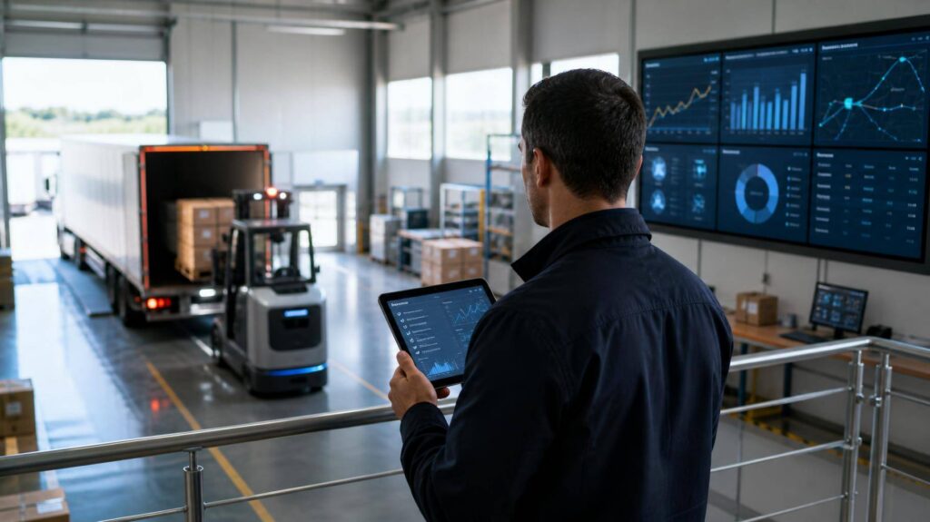 Interior de um armazém moderno com empilhadeira automática carregando um caminhão, gestor segurando tablet com listas digitais e gráficos de telemetria, telas de dados em tempo real ao fundo.