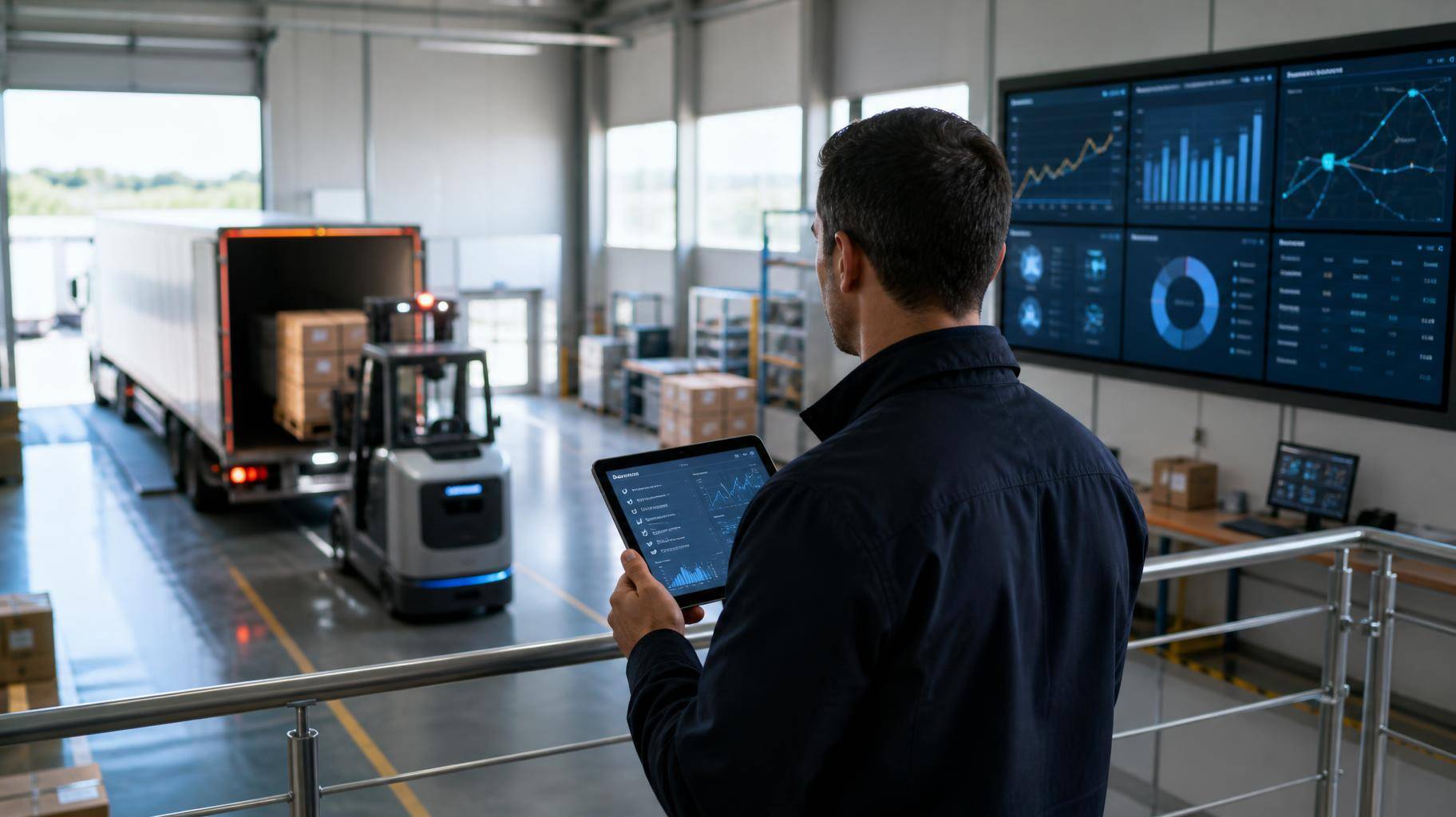 Interior de um armazém moderno com empilhadeira automática carregando um caminhão, gestor segurando tablet com listas digitais e gráficos de telemetria, telas de dados em tempo real ao fundo.